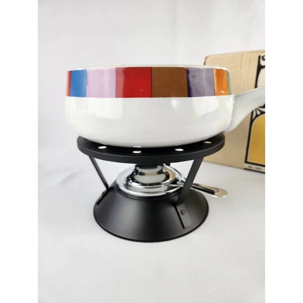 MCM Vintage Imperial San Remo Rainbow Enamel Party Cheese‎ Fondue 1.5 Qt Set Box